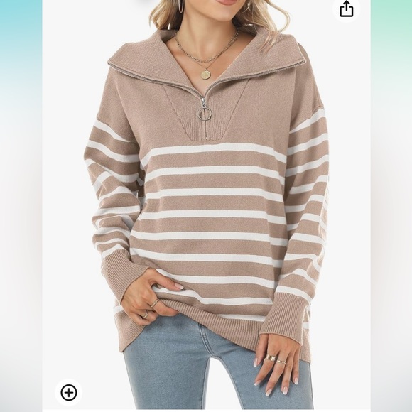 Striped Sweaters Half-Zip Long Sleeve Oversized Pullover - Picture 2 of 12